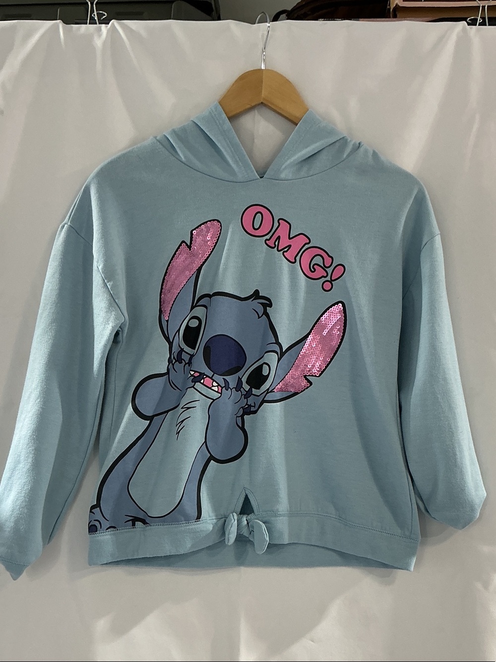 Disney Light Blue Stitch Hoodie with Pink Sequin Ears and 'OMG' Print